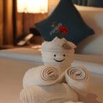 une serviette posée sur un lit à côté d'un oreiller